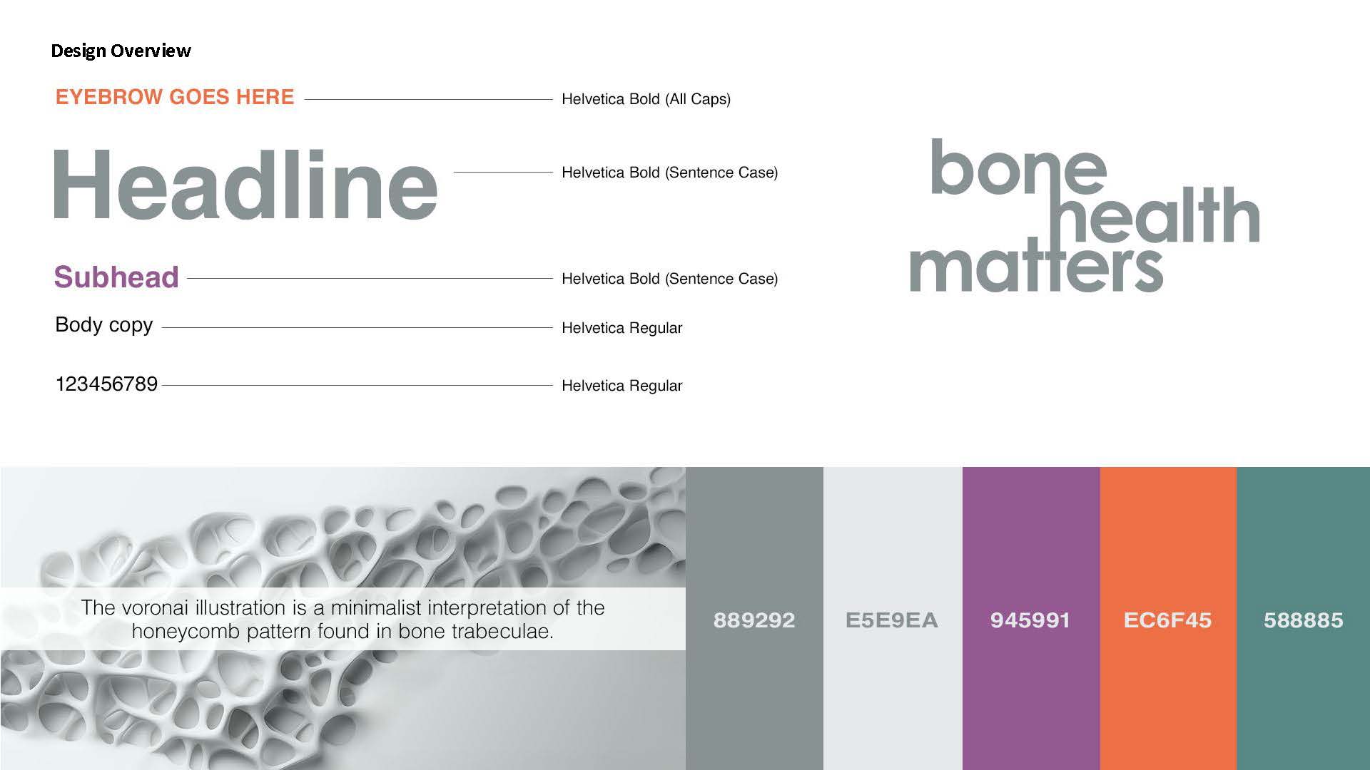 The chosen design system, grey, purple, orange, and teal with the voronoi bone illustration